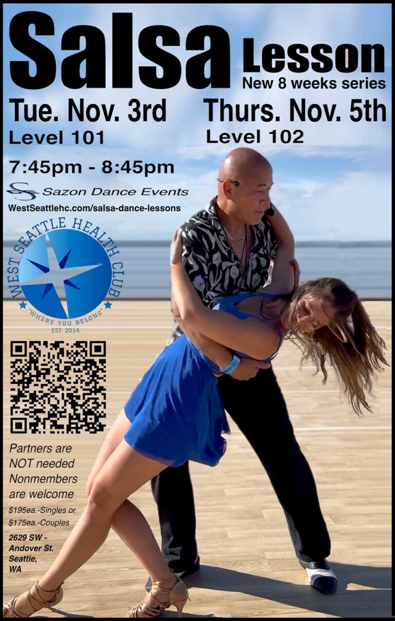 A man and woman dance salsa together on a wooden floor with a beach background. Text details West Seattle Salsa Lessons, including lesson dates, times, pricing, and location at West Seattle Health Club.