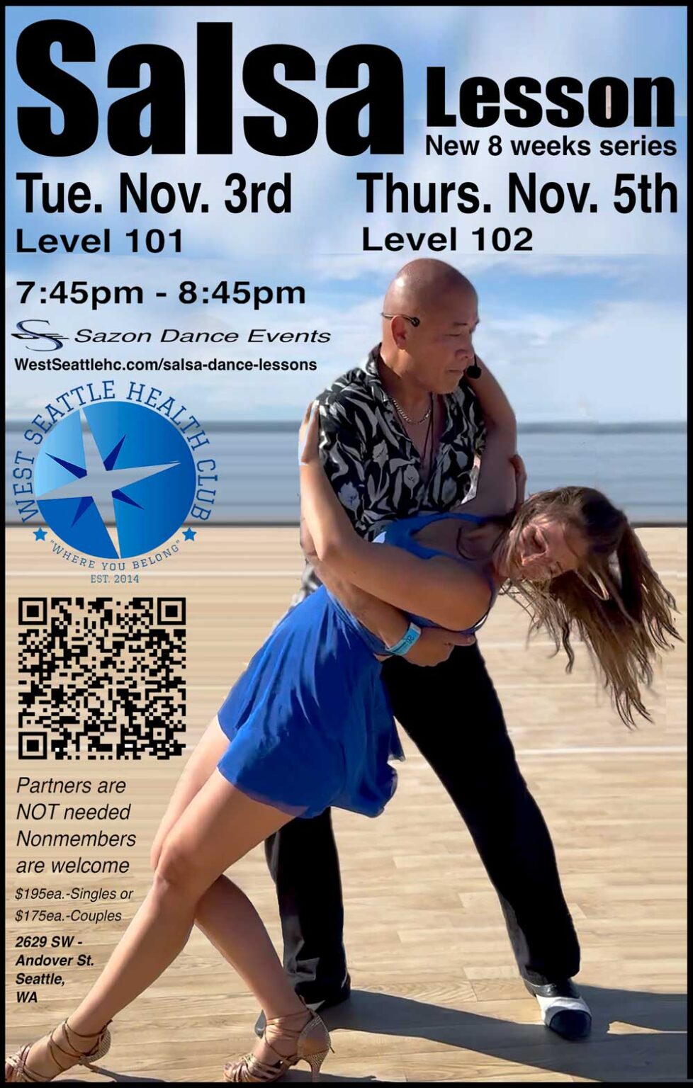 A man and woman dance salsa together on a wooden floor with a beach background. Text details West Seattle Salsa Lessons, including lesson dates, times, pricing, and location at West Seattle Health Club.