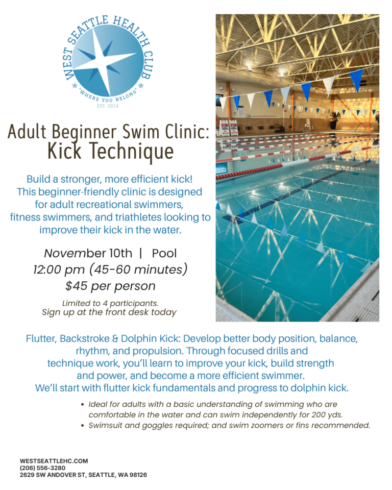 Flyer for an Adult Beginner Swim Clinic on November 10th featuring pool-side lane markers and details on swim techniques, pricing, and registration.