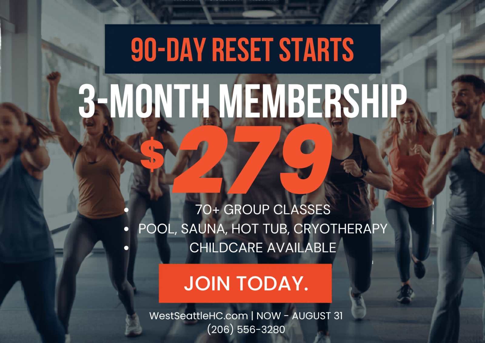 People in workout attire run indoors behind a large sign advertising a 3-month gym membership for $279, highlighting amenities and classes, plus West Seattle Food Donations—join by August 31 to support local causes.