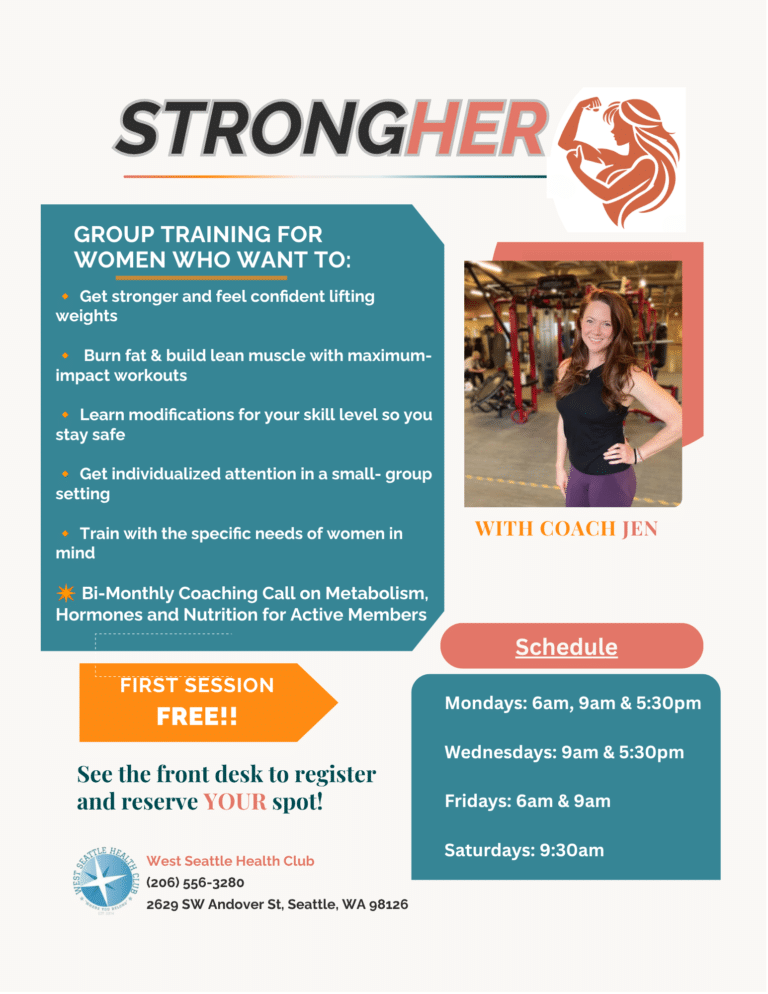 Flyer for a women’s group training program at West Seattle Health Club, featuring Coach Jen and class schedule; first session is free.