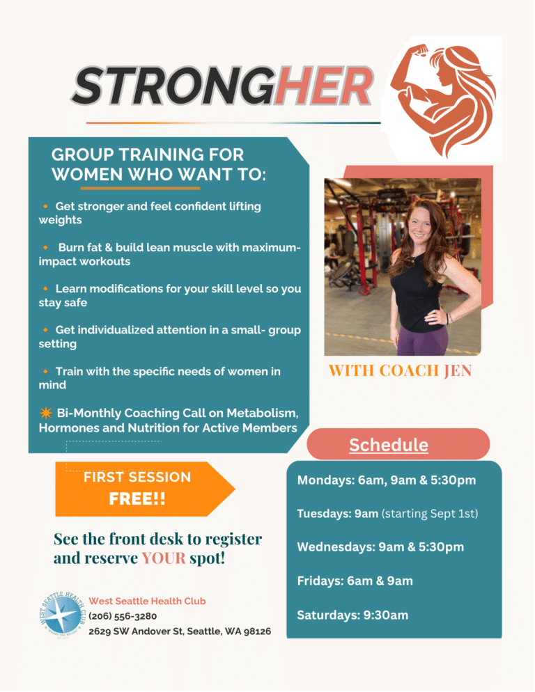 Flyer for women’s group training at West Seattle Health Club with Coach Jen, schedule of sessions, first session free, and contact information provided.