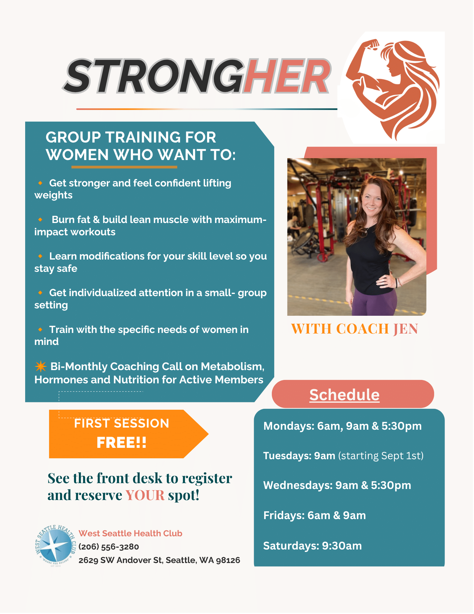 Flyer for women’s group training at West Seattle Health Club with Coach Jen, schedule of sessions, first session free, and contact information provided.