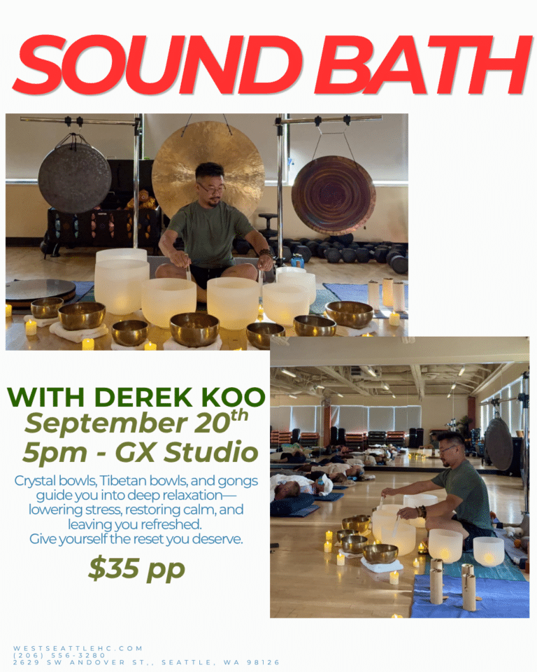 A man plays crystal bowls and gongs in a studio with people lying on mats, promoting the Sound Bath West Seattle event with Derek Koo on September 20th.