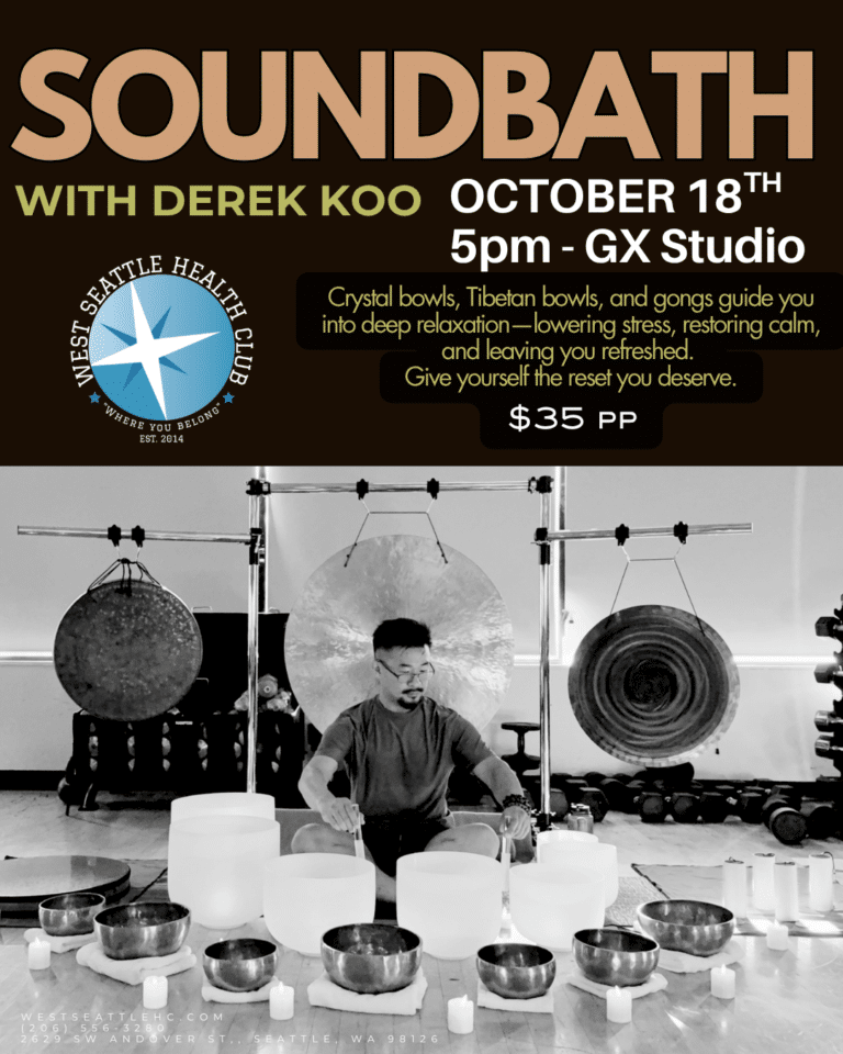 A man plays crystal bowls and gongs in a studio with people lying on mats, promoting the Sound Bath West Seattle event with Derek Koo on September 20th.