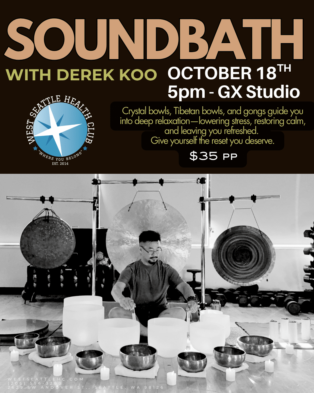 A man plays crystal bowls and gongs in a studio with people lying on mats, promoting the Sound Bath West Seattle event with Derek Koo on September 20th.