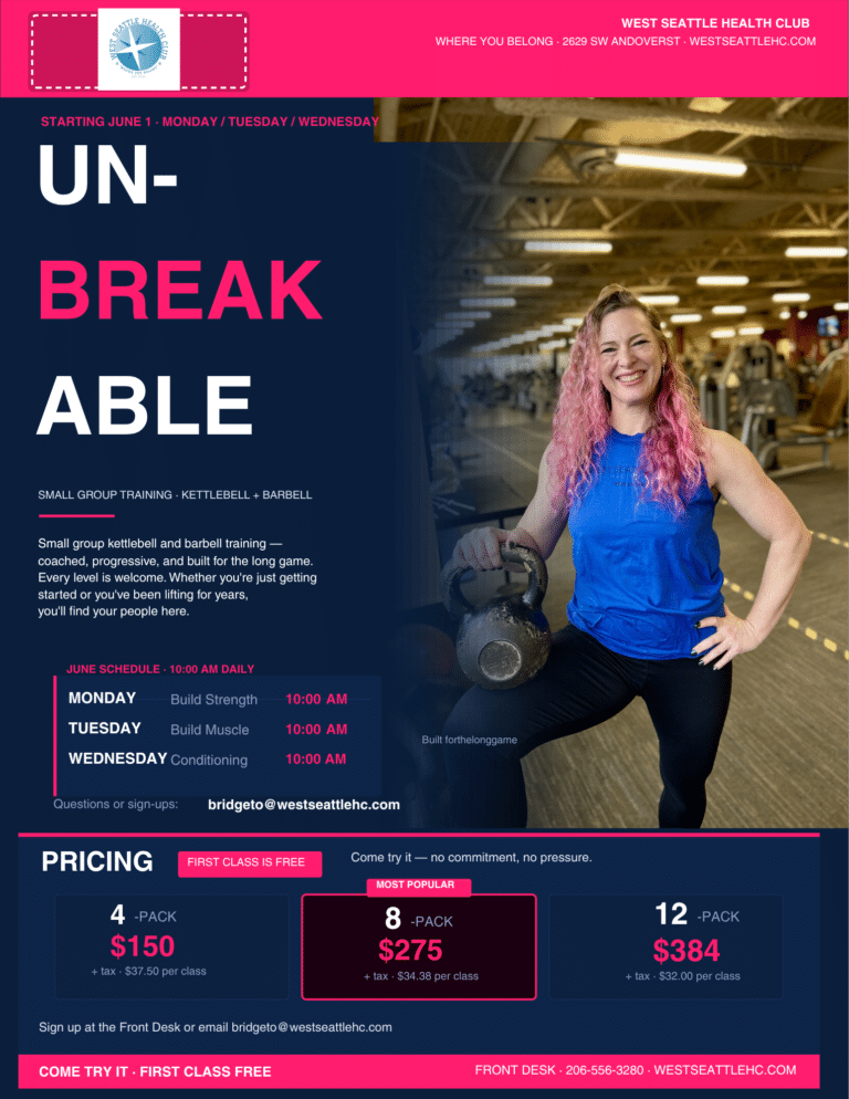 A woman holding a barbell smiles at a gym. Text details small group training schedule, pricing, West Seattle Morning Cycling Class info, and contact details for West Seattle Health Club.