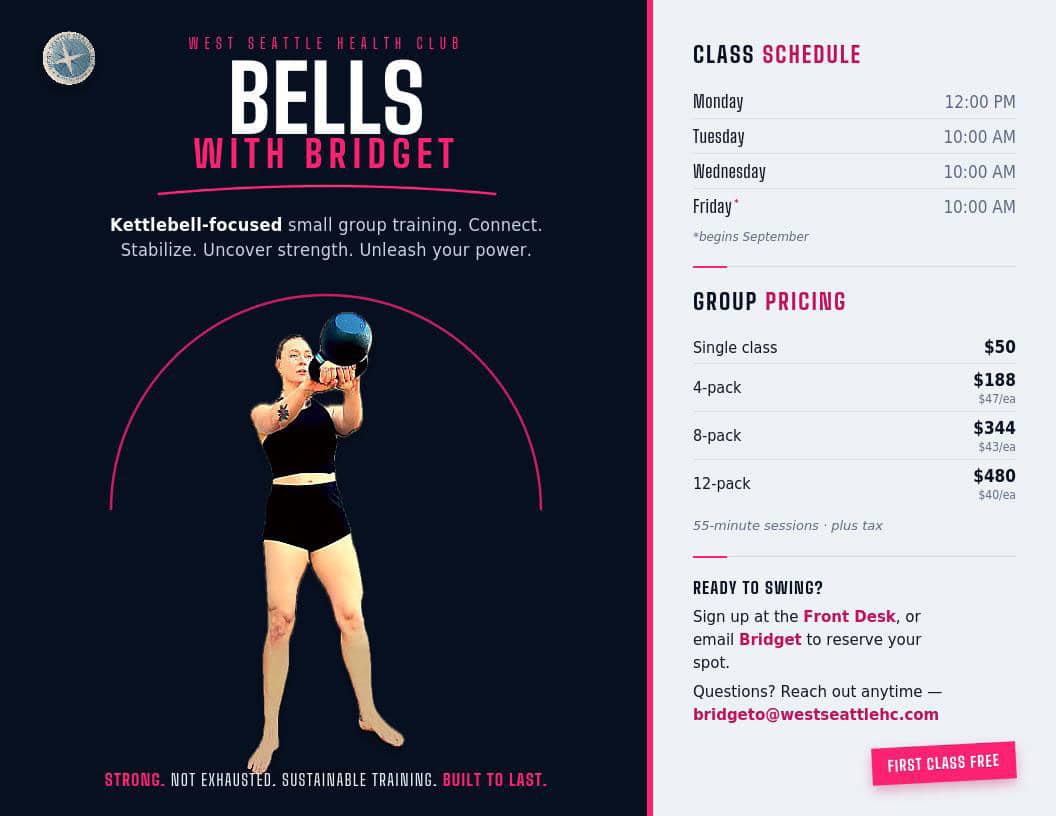 Woman in athletic wear swings a kettlebell in a gym, promoting "Bells with Bridget" kettlebell training classes. Pricing, schedule, and contact info are listed on the right.