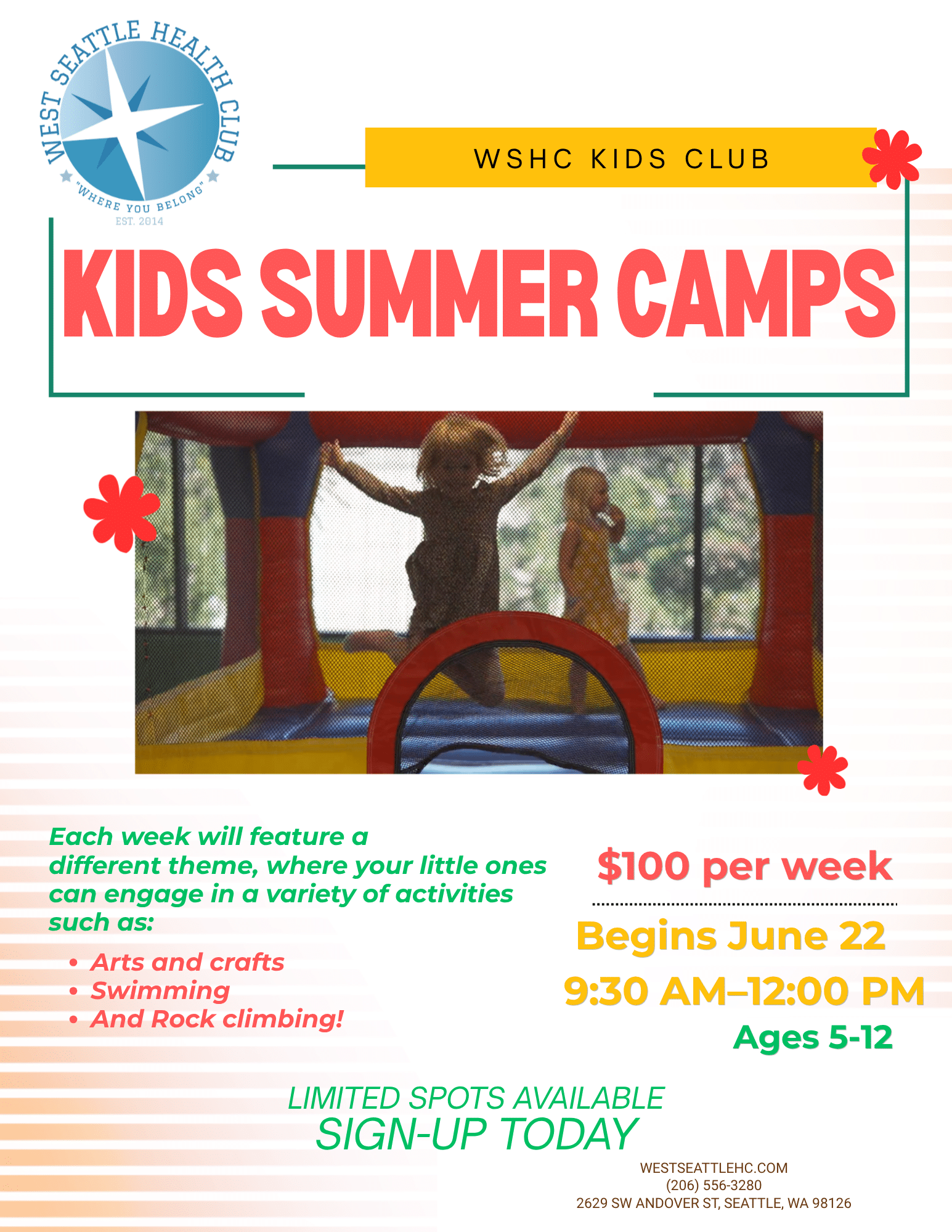 Flyer for West Seattle Summer Kids Camp at West Seattle Health Club featuring a child inside an inflatable bounce house; details include dates, age range, activities, price, and contact info.