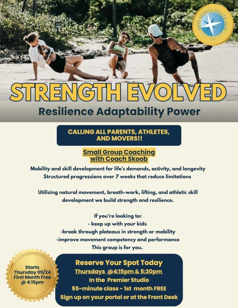 Flyer for “Strength Evolved” small group coaching with Coach Skoob, promoting mobility, strength, and longevity, with sessions on Thursdays at 4:15pm and 5:30pm at the Premier Studio.