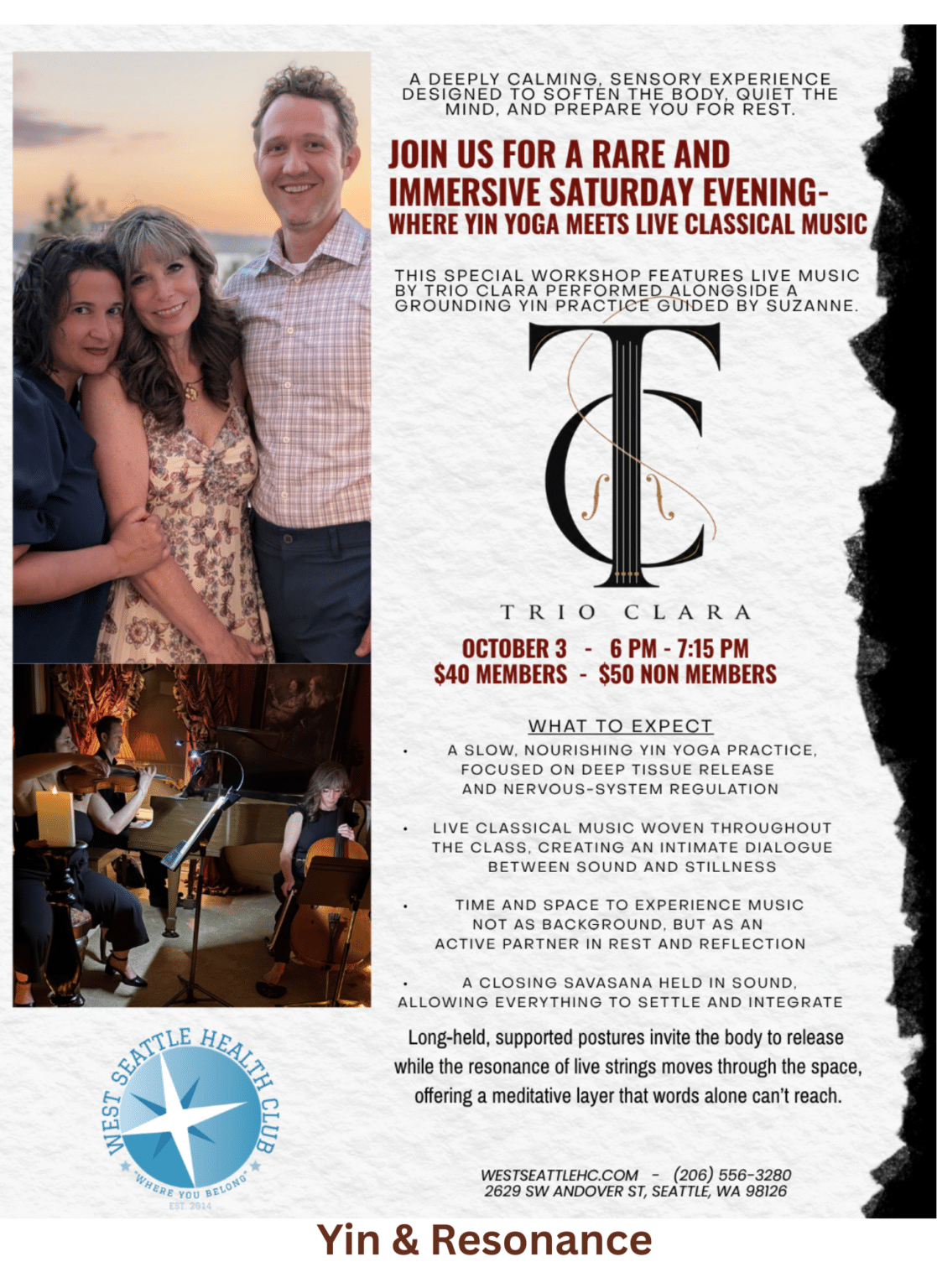 Four people stand arm-in-arm and smiling next to a flyer promoting a yoga and live classical music event, Yin & Resonance, scheduled for October 3 at West Seattle Health Club.