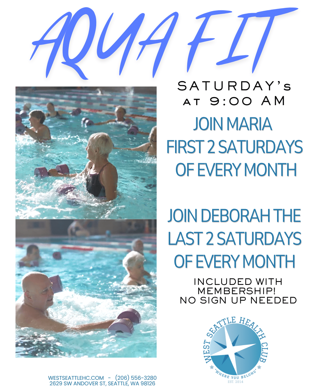 Several adults exercise with foam dumbbells in an indoor pool while an instructor leads an aqua fitness class, as part of the West Seattle Gym Class Schedule at the health club.