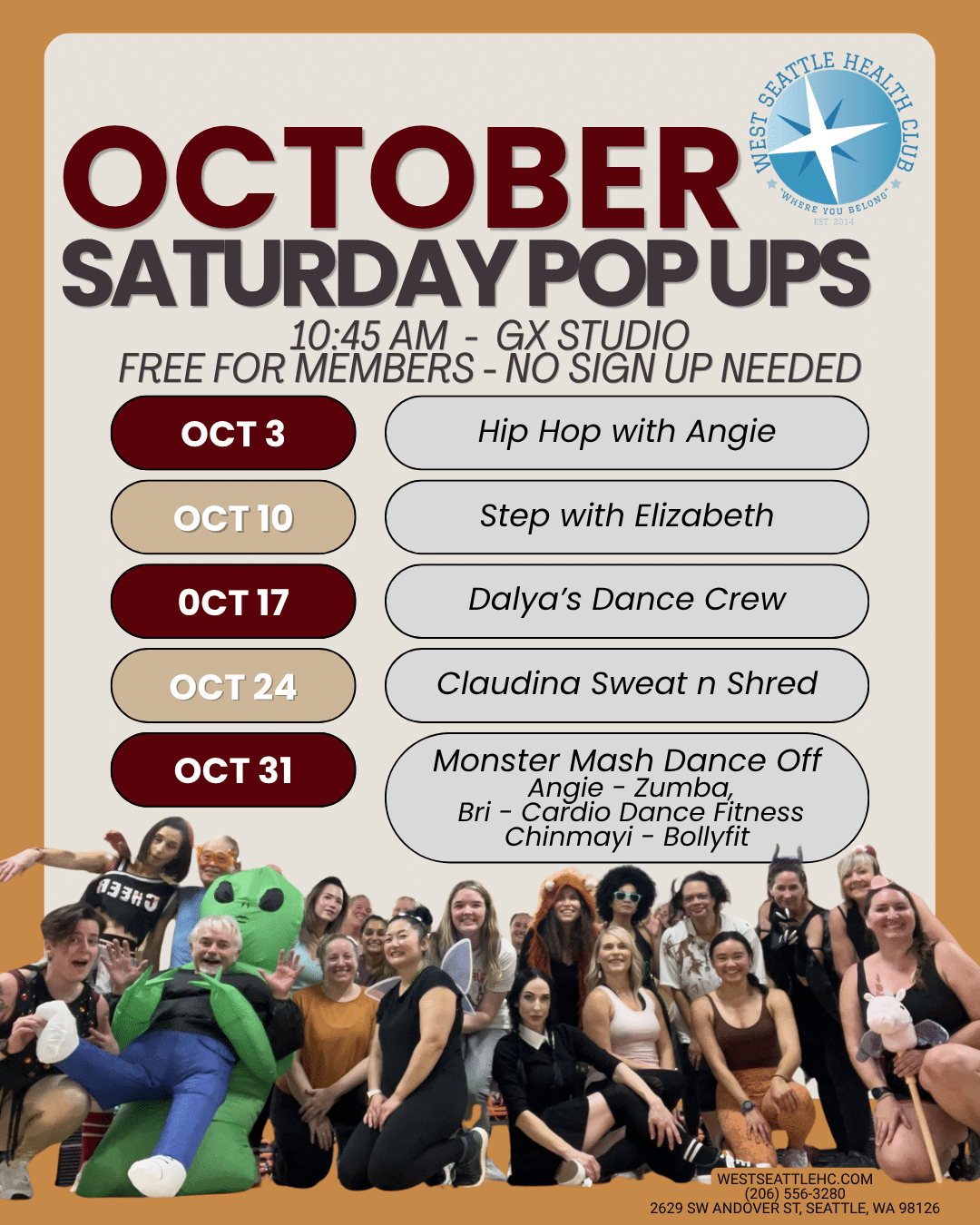 Group of people posing in a gym studio; text describes West Seattle Health Club’s October Saturday fitness pop-up classes with dates and activities listed, showcasing the West Seattle Gym Class Schedule.