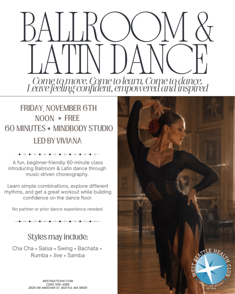 A dancer in a black dress poses in a studio for a free Ballroom & Latin Dance class with Viviana on November 6th, part of the West Seattle Gym Class Schedule at West Seattle Health Club.