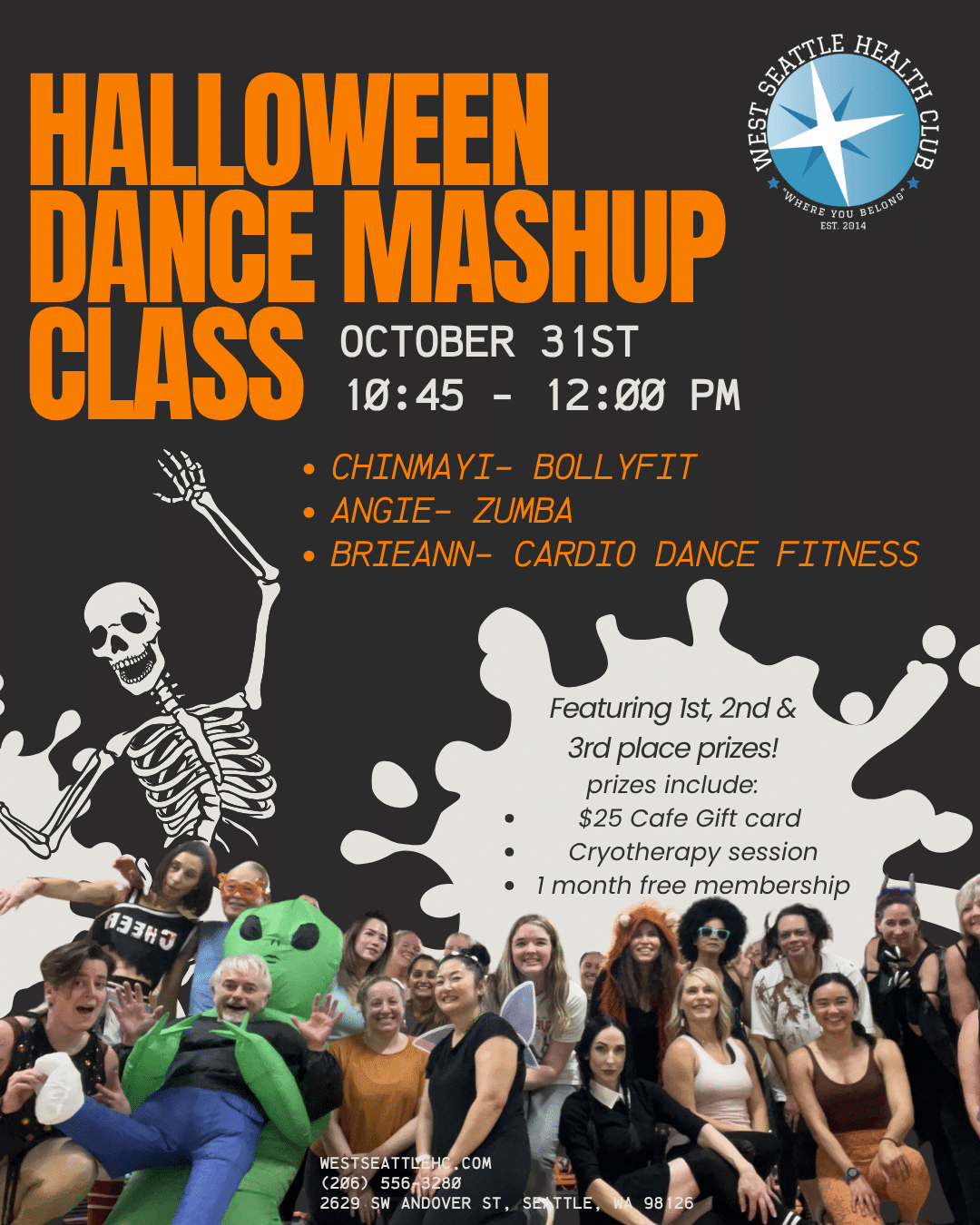 Halloween Dance Mashup event flyer at the West Seattle Health Club on October 31st, listing instructors, class types, and prizes for this West Seattle gym class schedule.