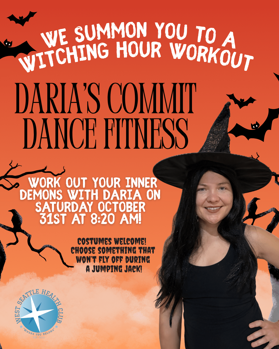 A woman wearing a witch hat on a Halloween flyer for Daria’s Commit Dance Fitness workout, part of the West Seattle gym class schedule on October 31st at 8:20 AM.