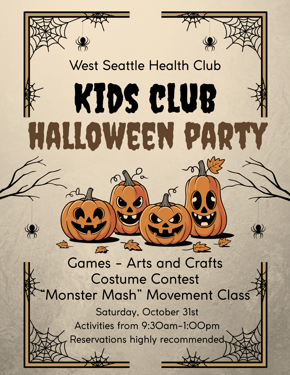West Seattle Health Club Kids Club Halloween Party on October 31st, 9:30am–1:00pm, with games, a costume contest, and a movement class. Use Kid Check to reserve child care.
